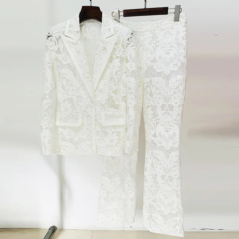 JAMERARY New Fashion Mesh Embroidered Blazers Jackets Wide Leg Pants Sequins Suit Coat Women Pants White Lace Two Piece Set